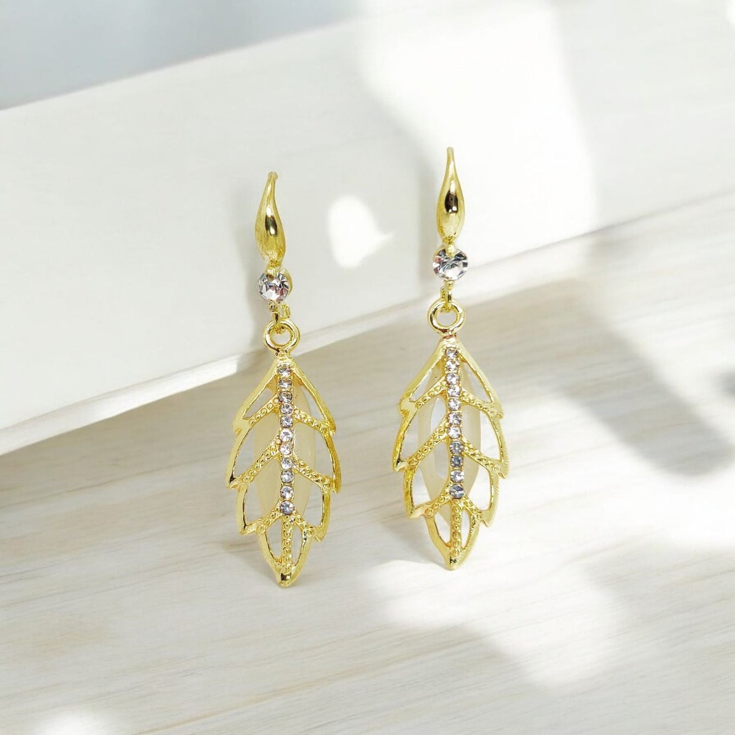 Golden Leaf Crystal Drop Earrings | Elegant Dangle Jewelry for Women | Perfect for Special Occasions - Dynamic Deals