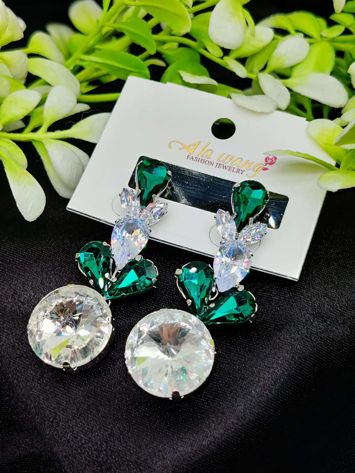 Green & Clear Crystal Spike Drop Earrings - Statement Sparkle & Tarnish - Free ✨💎💚 - Dynamic Deals