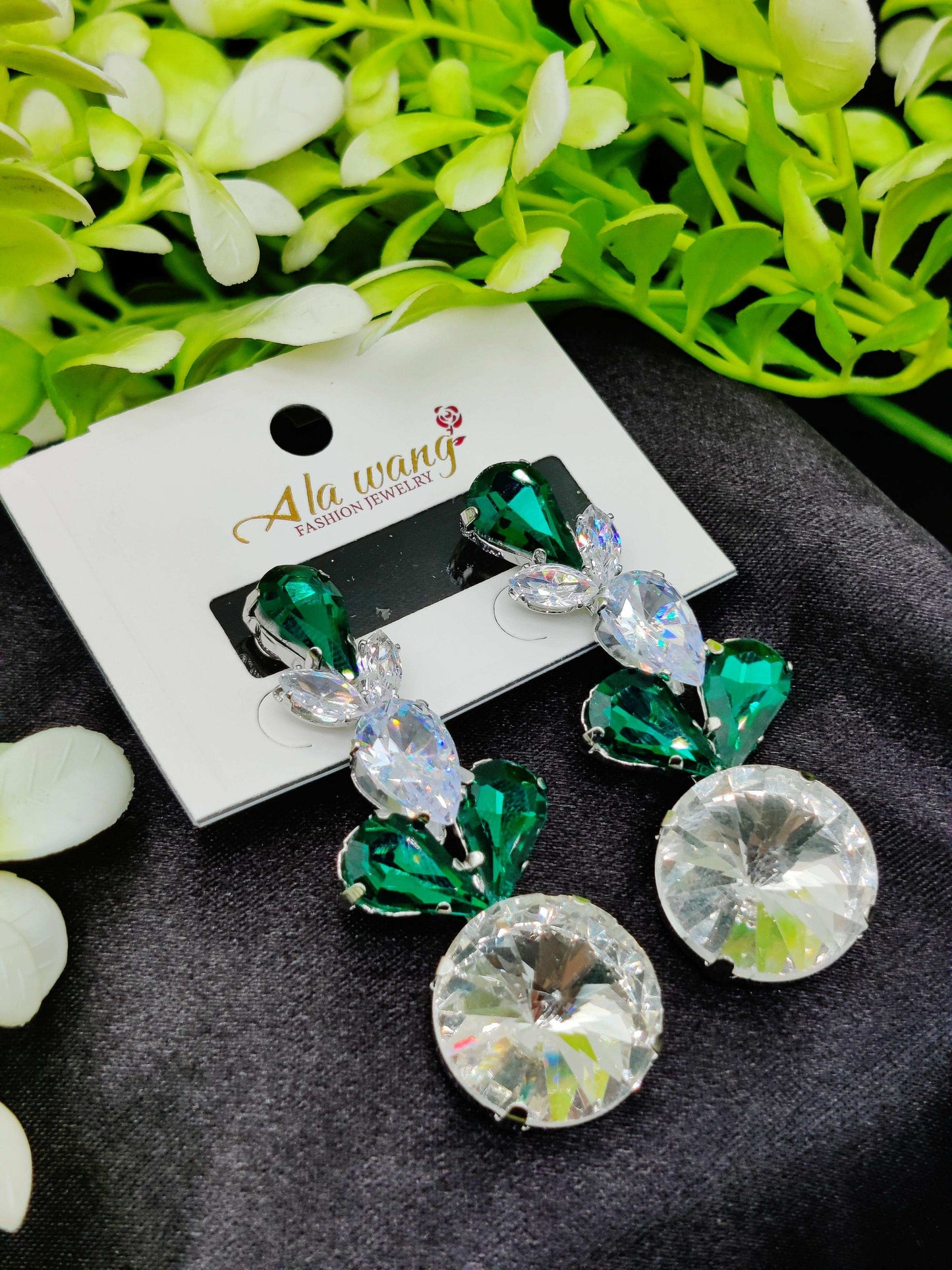 Green & Clear Crystal Spike Drop Earrings - Statement Sparkle & Tarnish - Free ✨💎💚 - Dynamic Deals