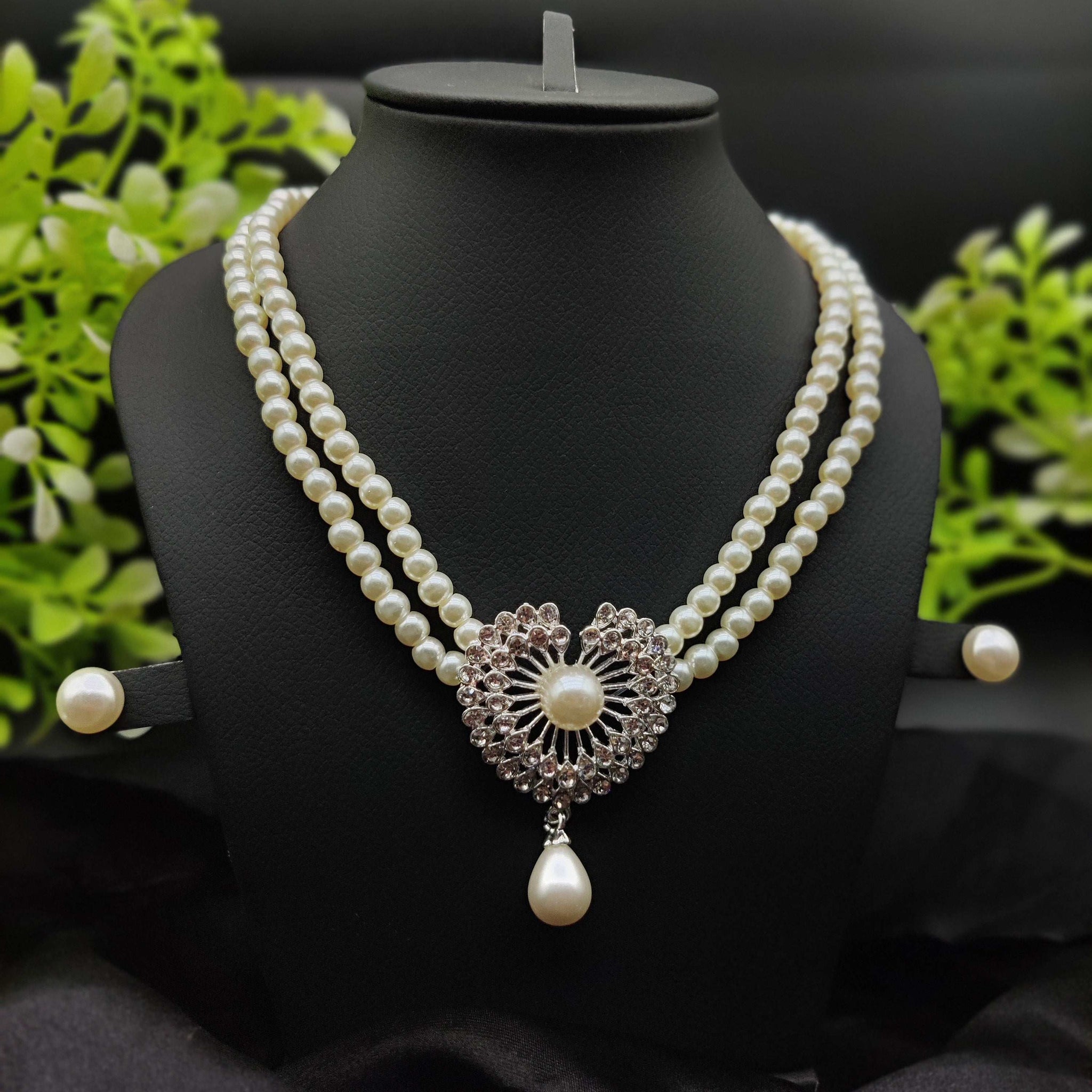 Double-Strand Pearl & Zircon Necklace & Earring Set - Symphony of Elegance ✨🤍💎