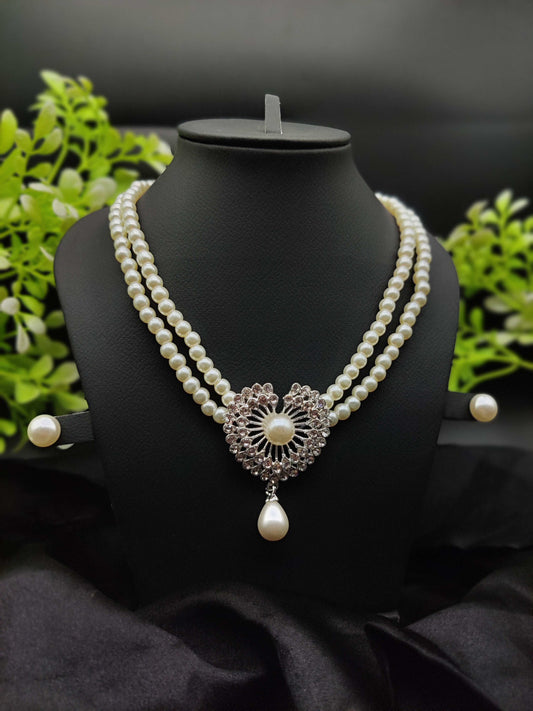 Double-Strand Pearl & Zircon Necklace & Earring Set - Symphony of Elegance ✨🤍💎