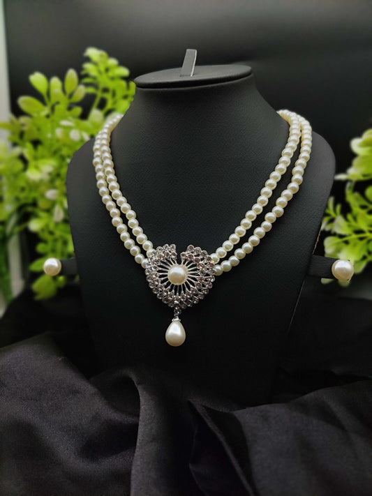 Double-Strand Pearl & Zircon Necklace & Earring Set - Symphony of Elegance ✨🤍💎