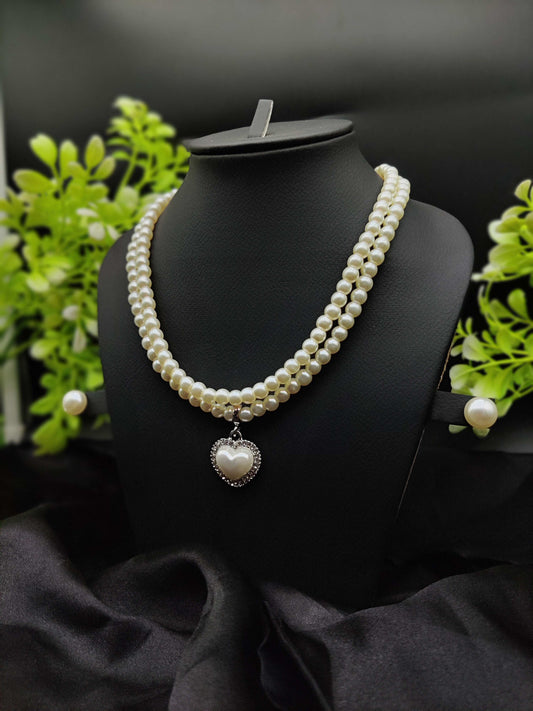 Pearl & Zircon Heart Pendant Necklace & Earring Set - Timeless Love ✨🤍💎