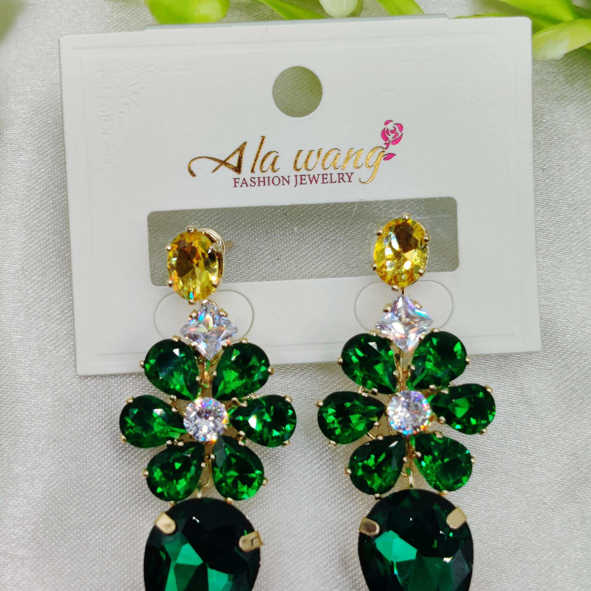 Emerald & Crystal Floral Drop Earrings - Statement Sparkle & Tarnish-Free ✨💎💚