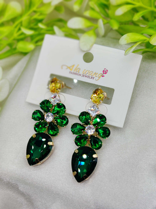 Emerald & Crystal Floral Drop Earrings - Statement Sparkle & Tarnish-Free ✨💎💚