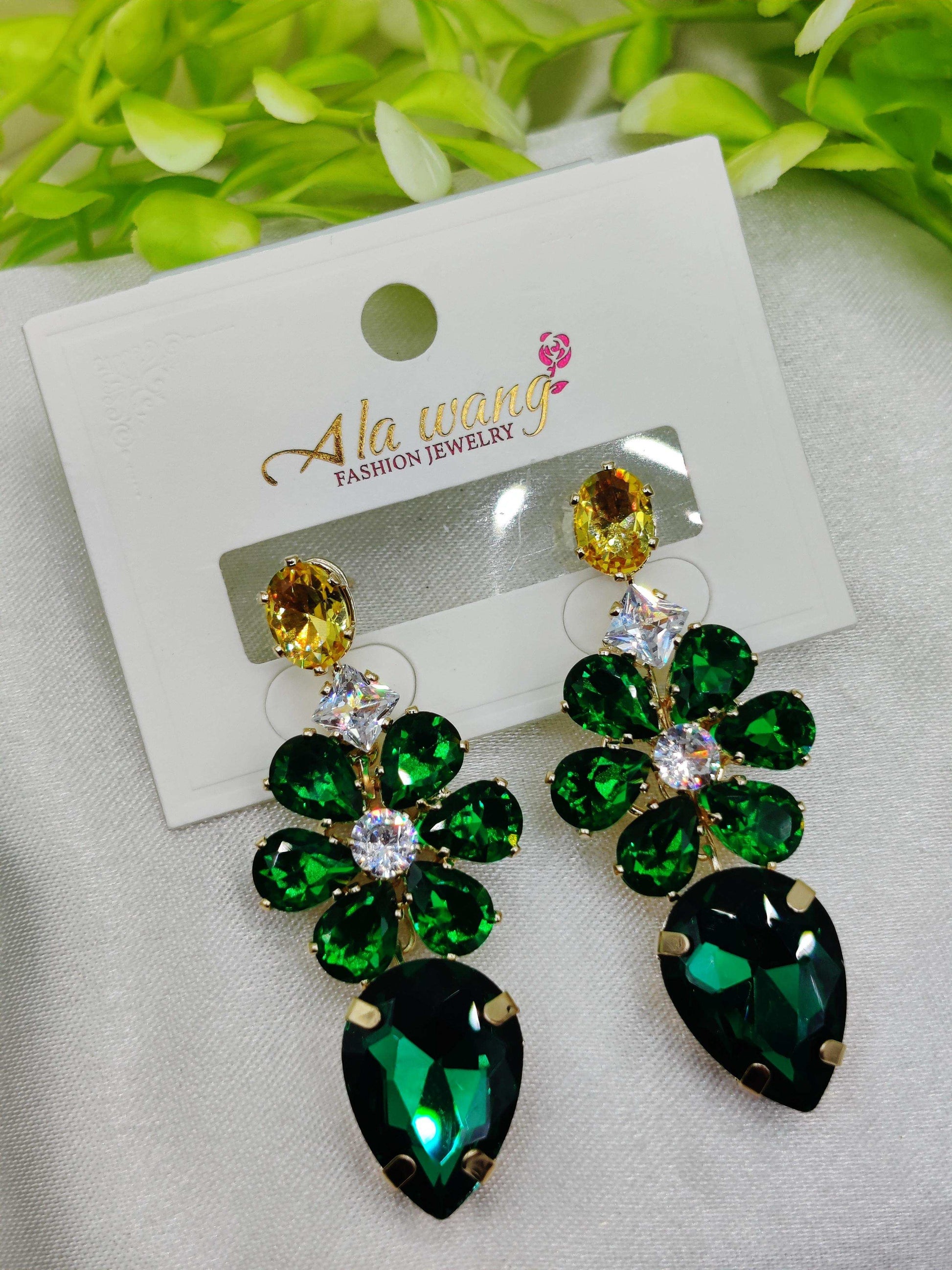 Emerald & Crystal Floral Drop Earrings - Statement Sparkle & Tarnish-Free ✨💎💚