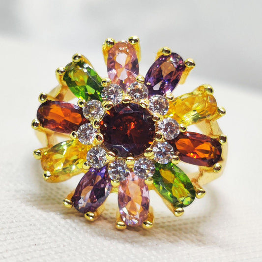 Majestic Multicolored Flower Ring - Radiant Gemstone Bloom with a Golden Touch