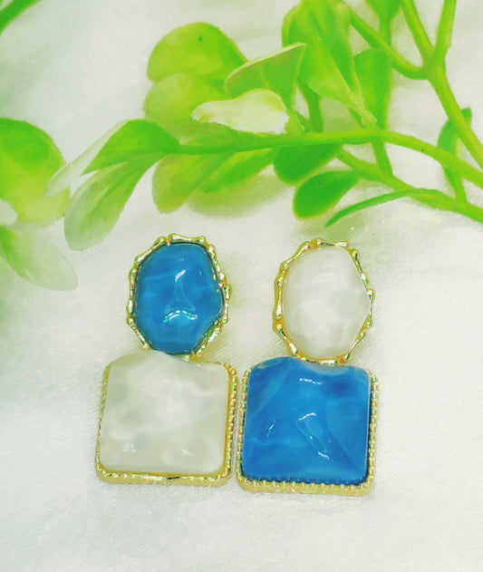 Elegant Blue & White Stone Dangle Earrings | Dual-Tone Chic Jewelry for Women.