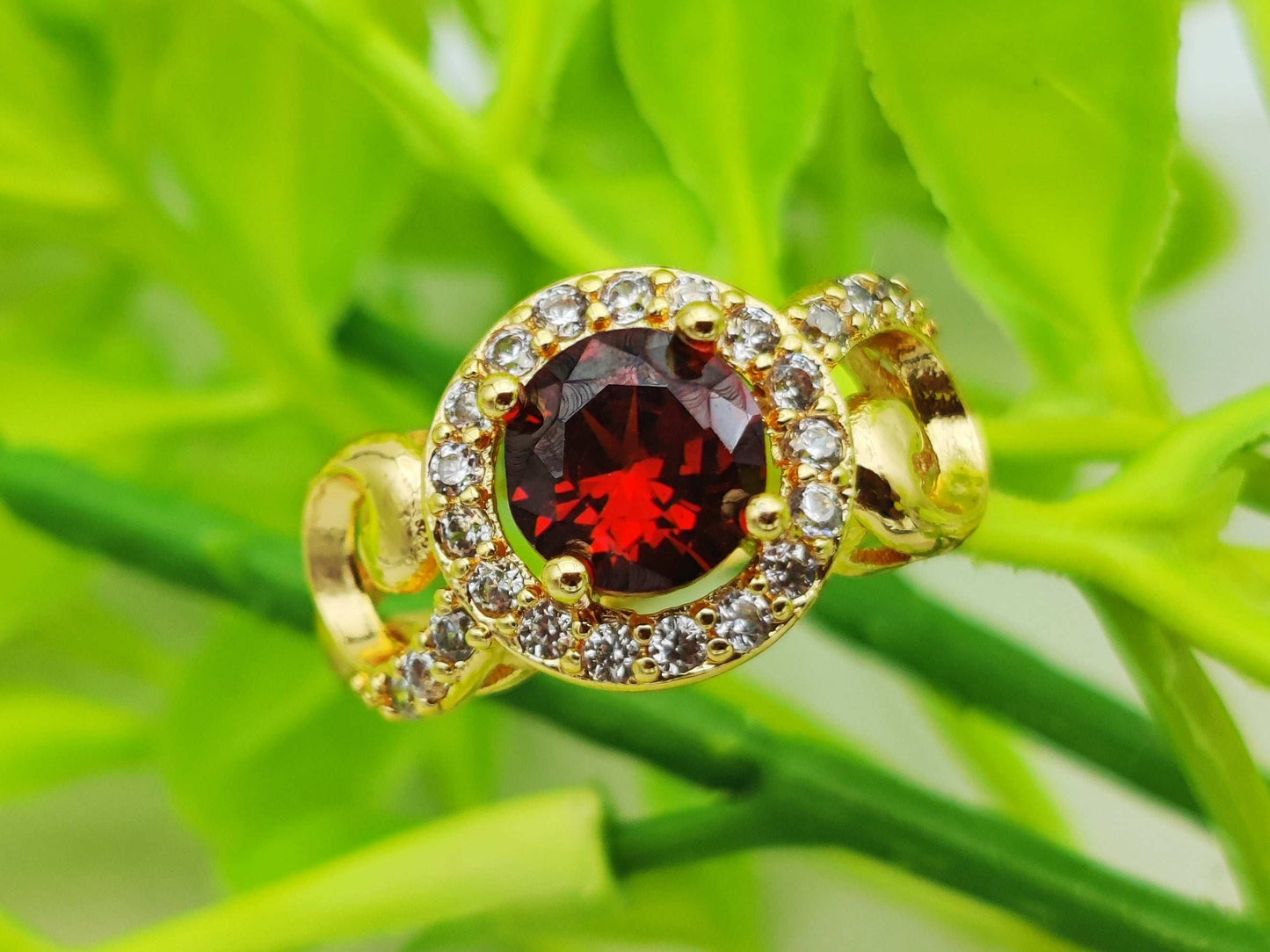 Crimson Garnet Halo Ring with Gold Accents - Regal Splendor ✨❤️ - Dynamic Deals