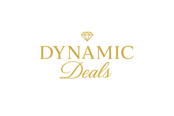 Dynamic Deals logo with gold typography on cream marble background