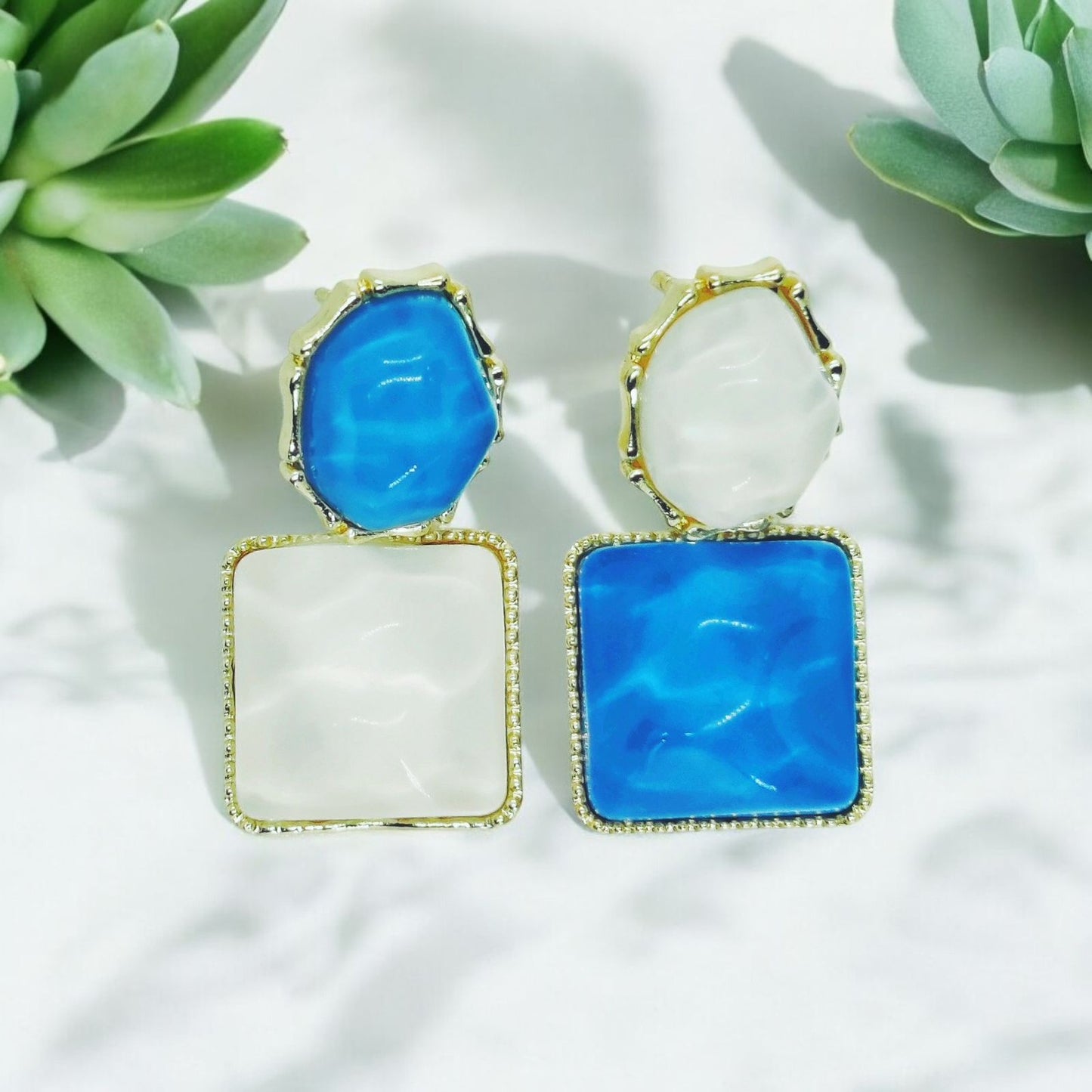 Elegant Blue & White Stone Dangle Earrings | Dual - Tone Chic Jewelry for Women. - Dynamic Deals