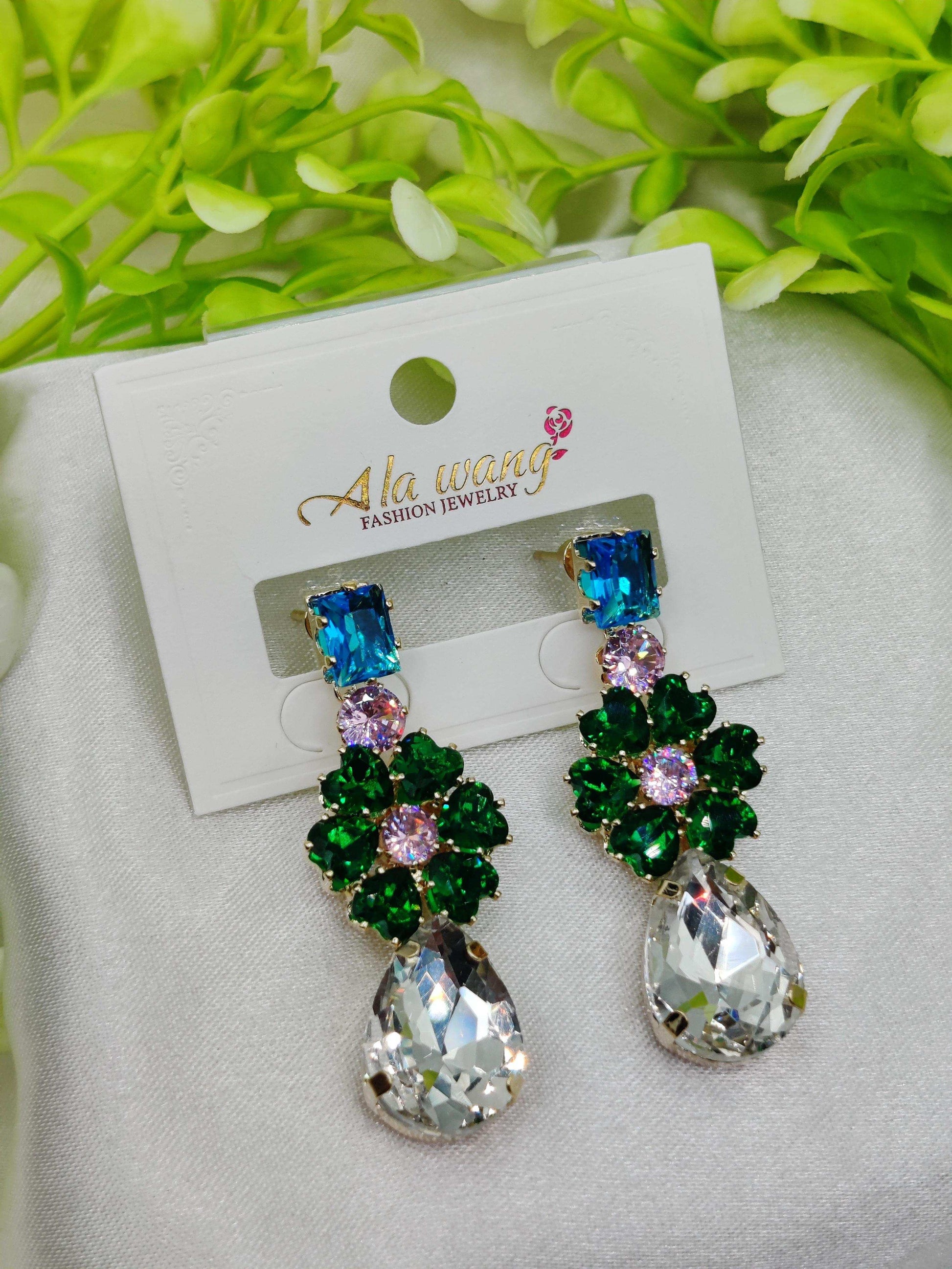 Emerald & Clear Crystal Floral Earrings - Statement Sparkle & Tarnish - Free ✨💎💚 - Dynamic Deals