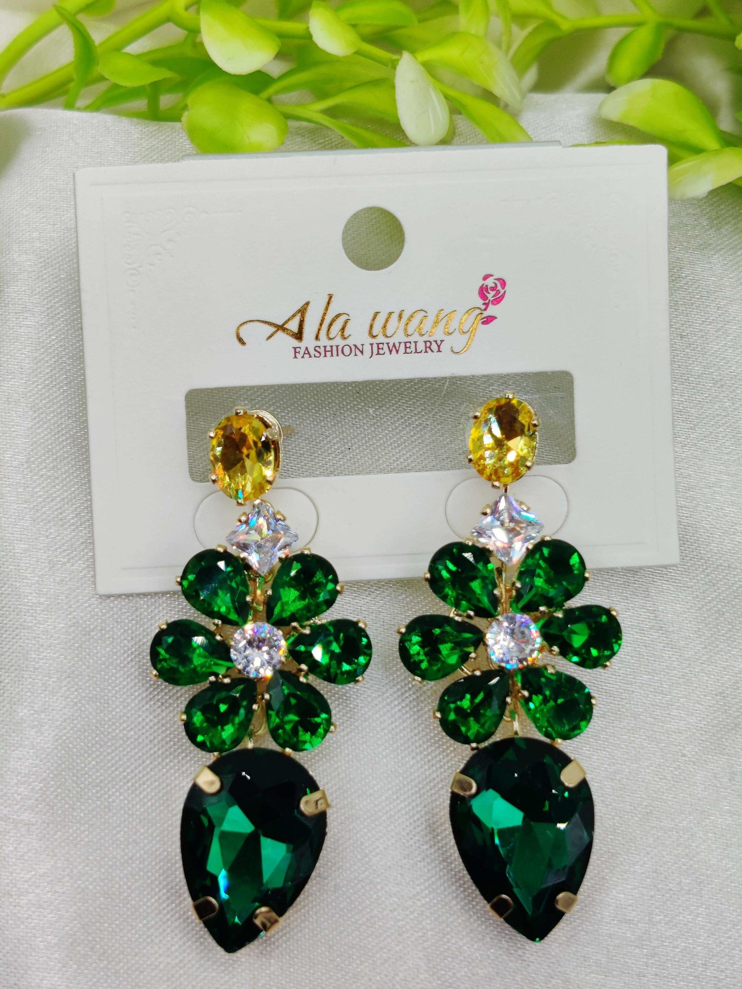 Emerald & Crystal Floral Drop Earrings - Statement Sparkle & Tarnish - Free ✨💎💚 - Dynamic Deals