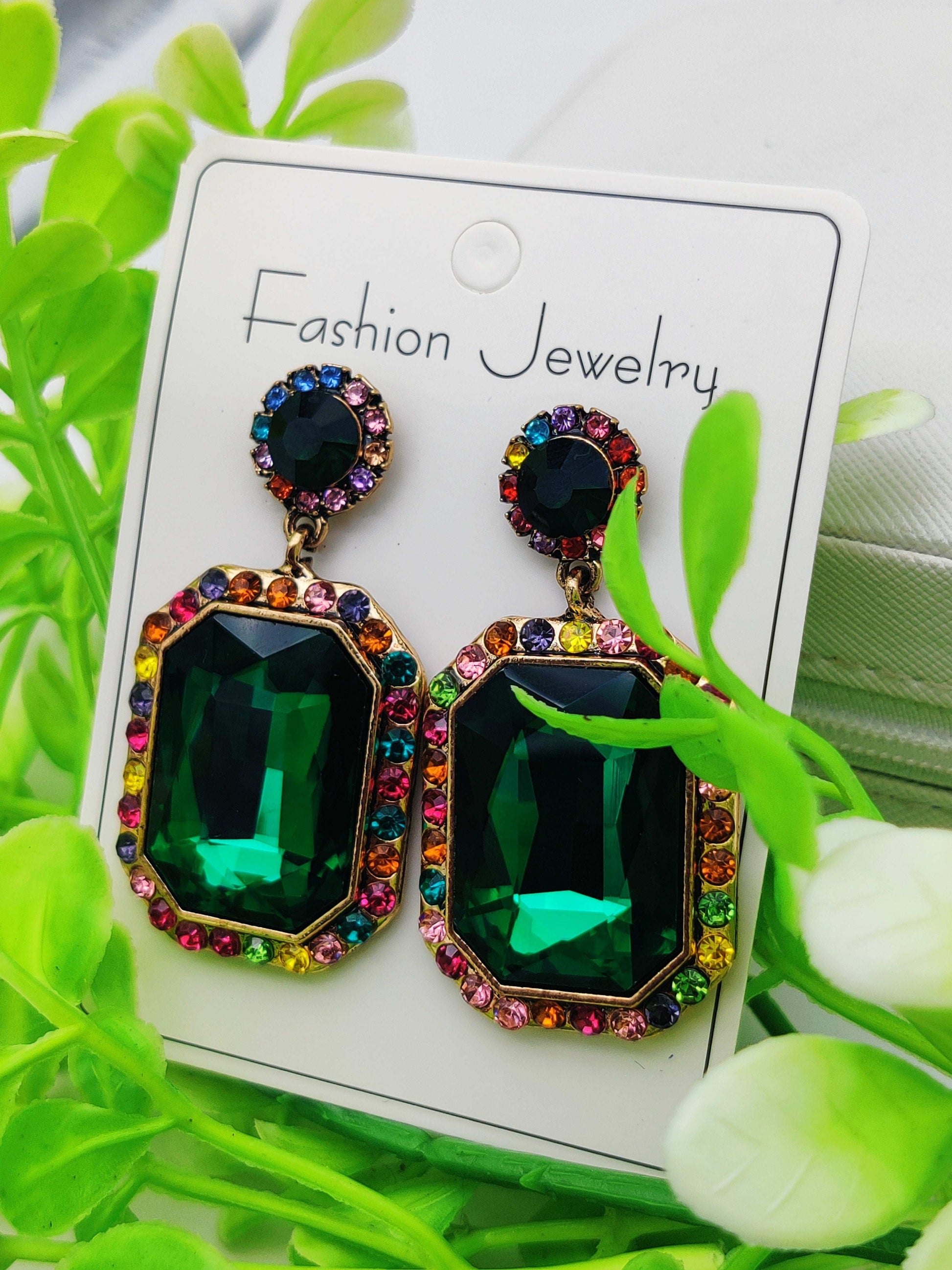 Emerald Green Crystal Drop Earrings - Statement Sparkle & Tarnish - Free ✨💚💎 - Dynamic Deals