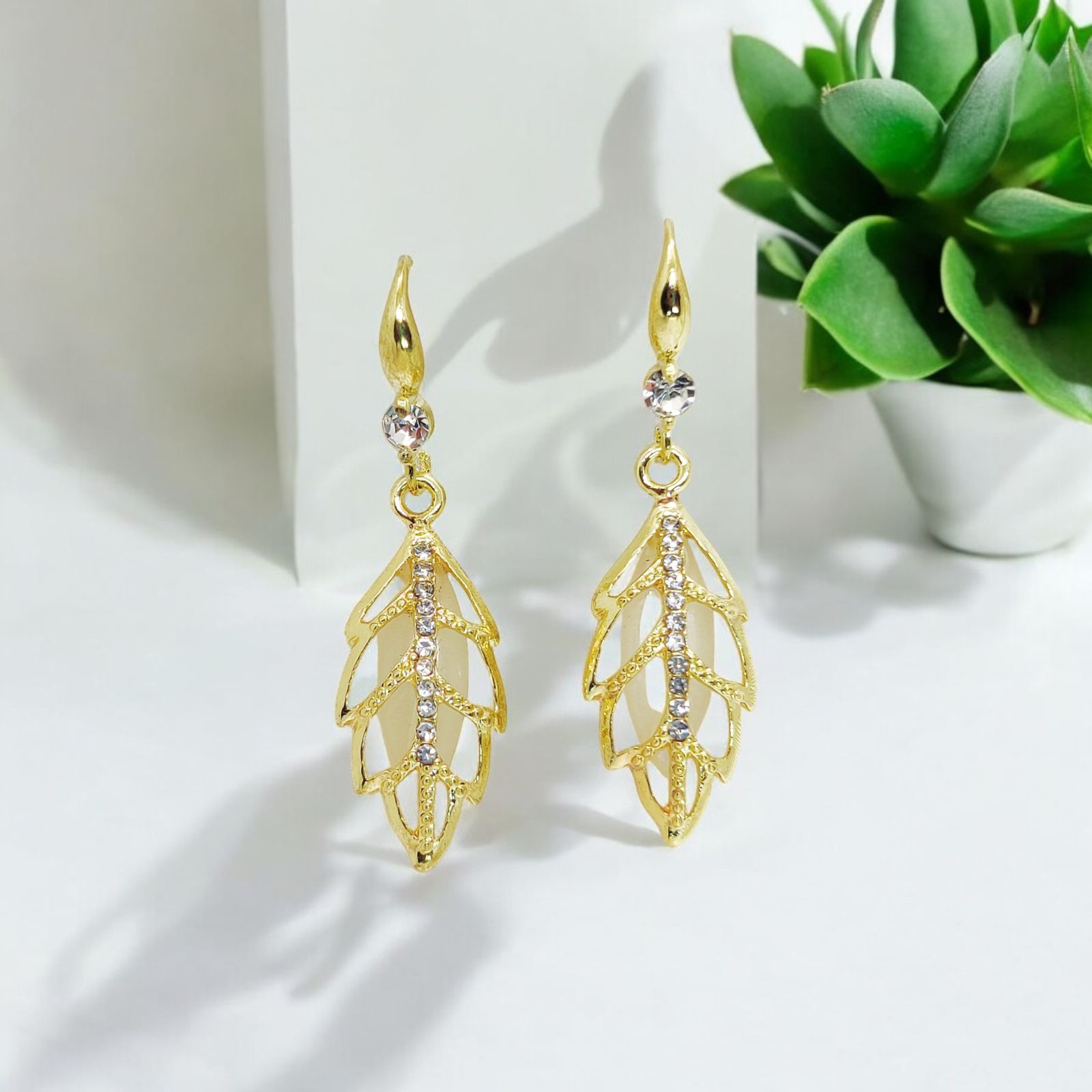 Golden Leaf Crystal Drop Earrings | Elegant Dangle Jewelry for Women | Perfect for Special Occasions - Dynamic Deals