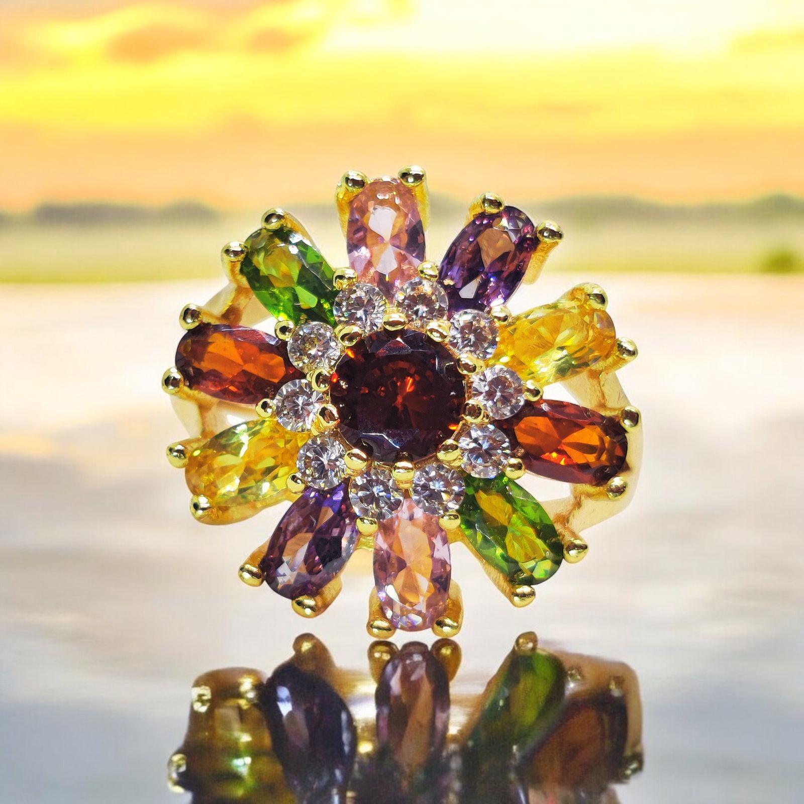 Majestic Multicolored Flower Ring - Radiant Gemstone Bloom with a Golden Touch - Dynamic Deals