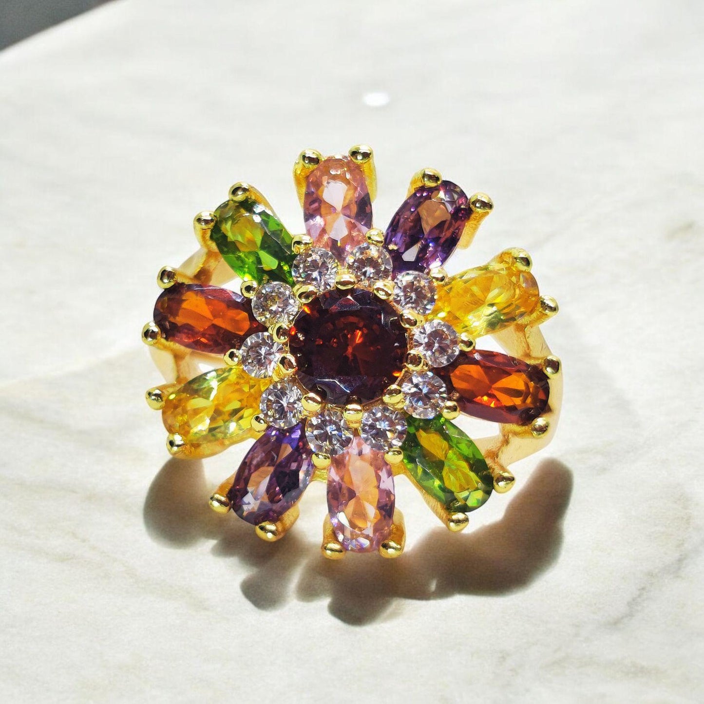 Majestic Multicolored Flower Ring - Radiant Gemstone Bloom with a Golden Touch - Dynamic Deals