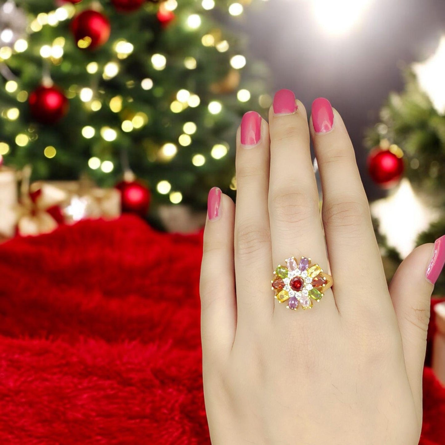Majestic Multicolored Flower Ring - Radiant Gemstone Bloom with a Golden Touch - Dynamic Deals