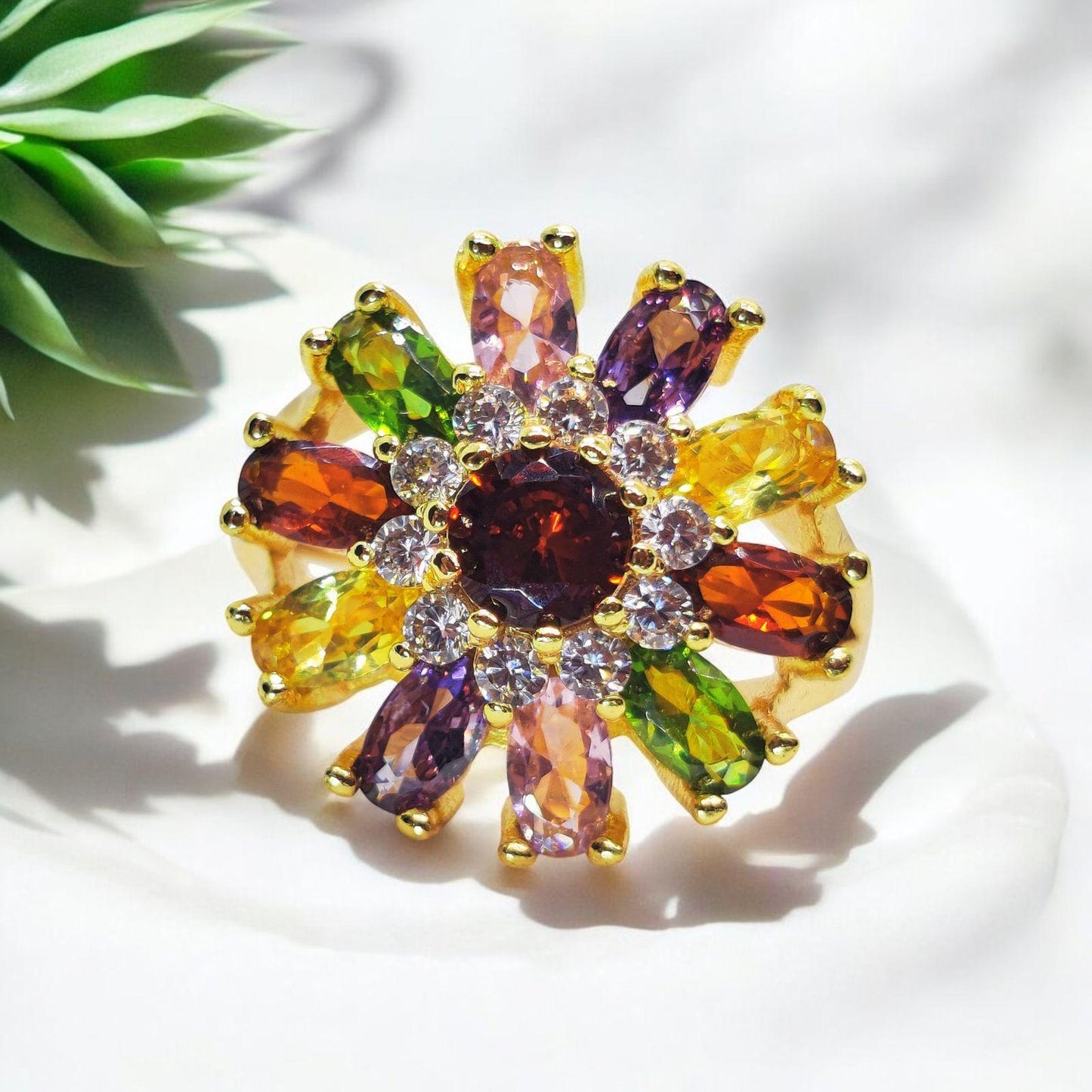 Majestic Multicolored Flower Ring - Radiant Gemstone Bloom with a Golden Touch - Dynamic Deals