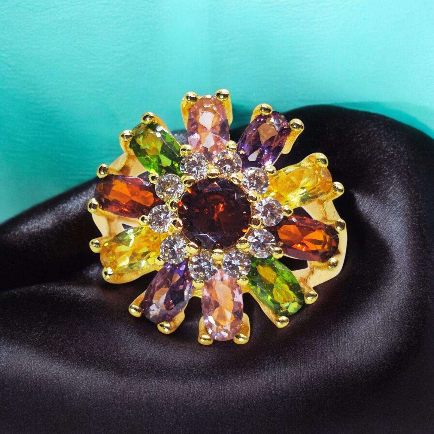 Majestic Multicolored Flower Ring - Radiant Gemstone Bloom with a Golden Touch - Dynamic Deals