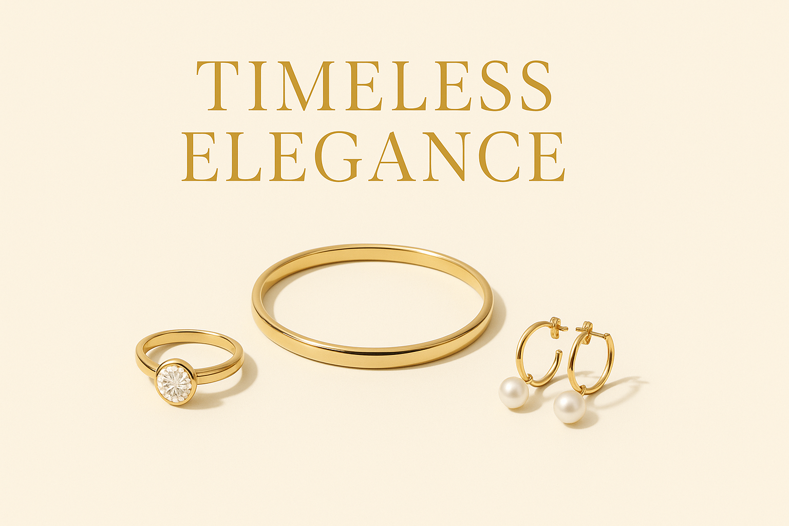 Minimalist jewelry display on flat cream background with gold "TIMELESS ELEGANCE" text