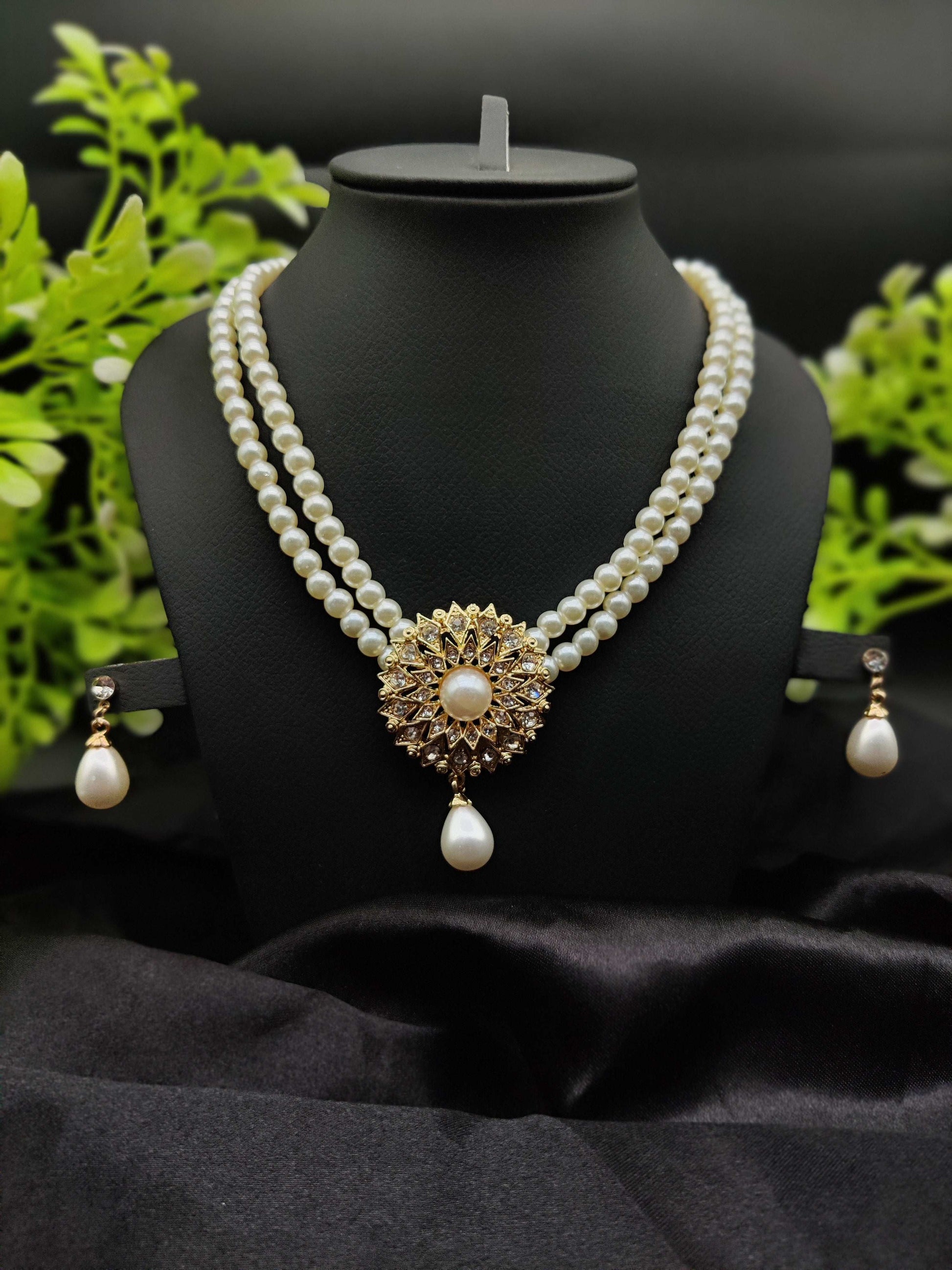 Pearl & Golden Zircon Floral Necklace & Earring Set - Regal Elegance ✨🤍💎 - Dynamic Deals