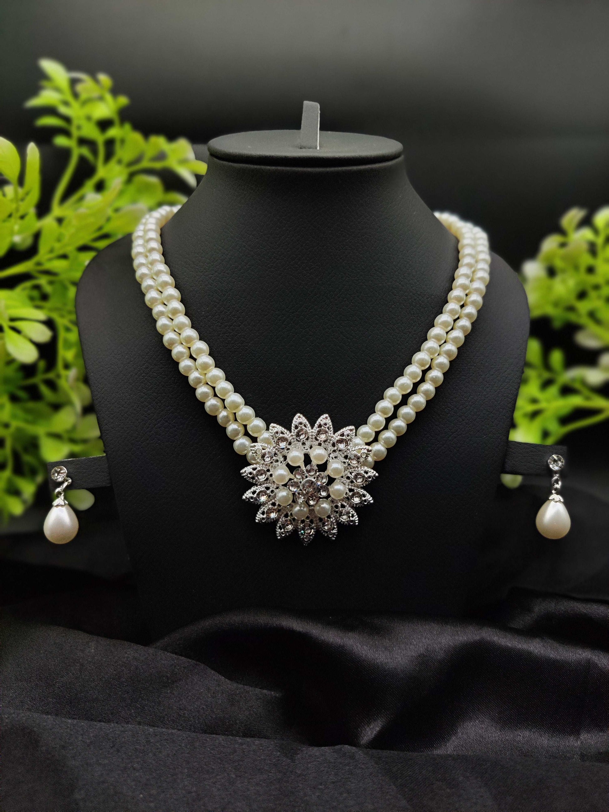 Pearl & Zircon Floral Necklace & Earring Set - Timeless Elegance ✨🤍💎 - Dynamic Deals