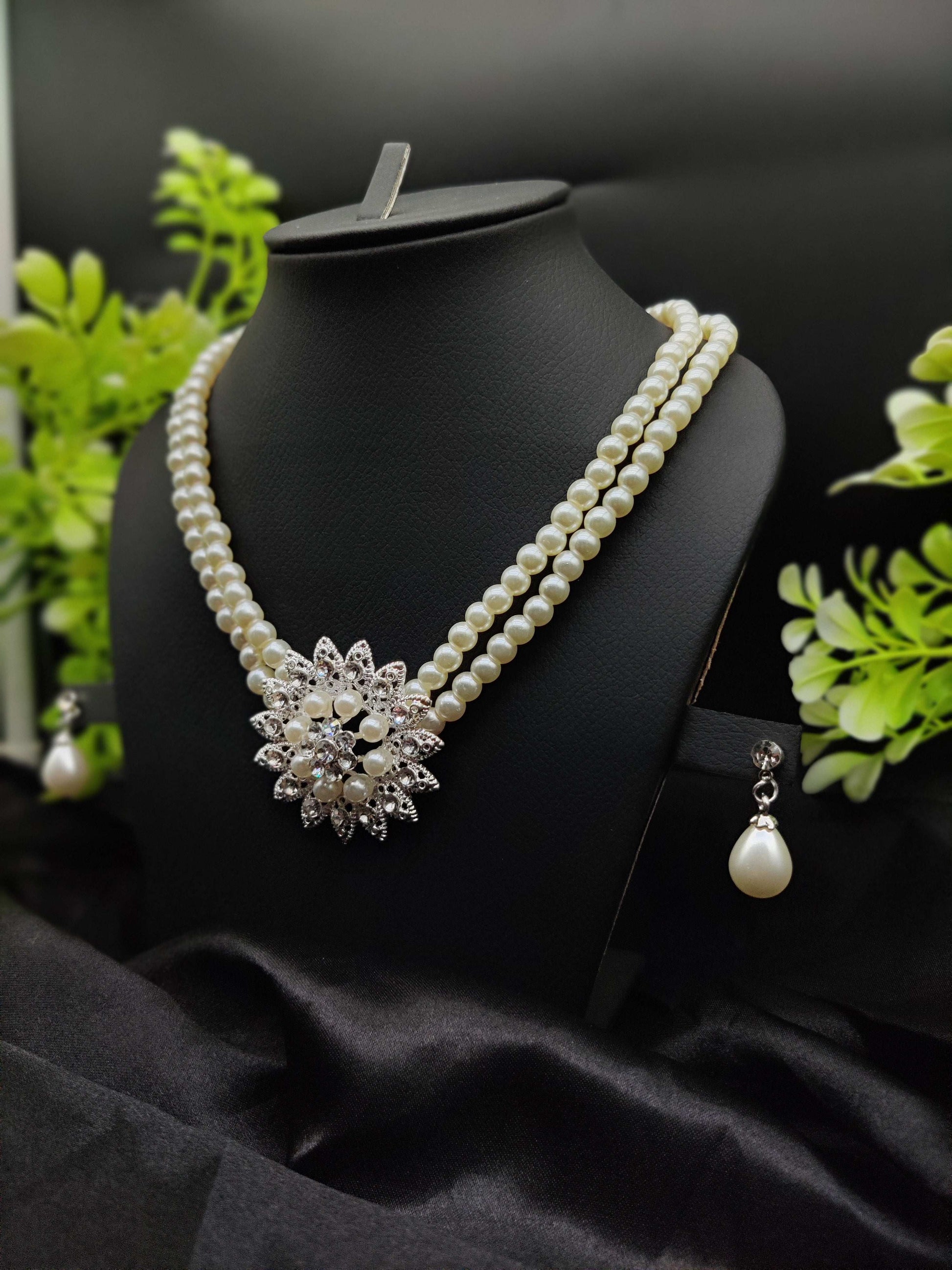 Pearl & Zircon Floral Necklace & Earring Set - Timeless Elegance ✨🤍💎 - Dynamic Deals