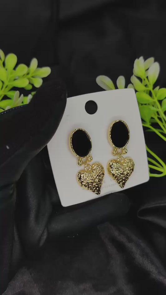 Black & Gold Heart Drop Earrings - Textured Romance & Tarnish-Free ✨🖤💛❤️