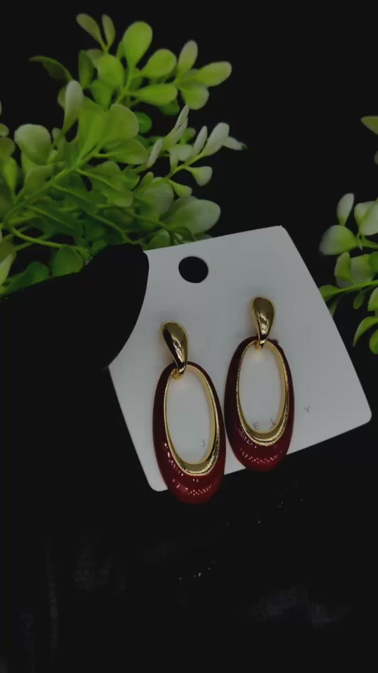 Burgundy & Gold Oval Drop Earrings - Elegant & Tarnish-Free ✨